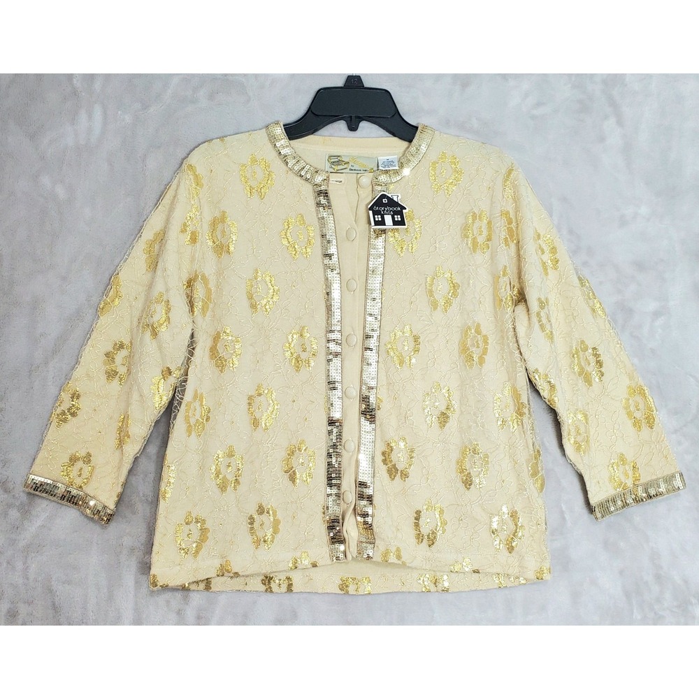 Storybook Knits Vintage Cardigan Size M Timeless Brilliance Gold Lace Button NWT
